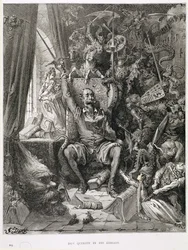 Don Quijote kirjastossaan, kaiverrus Heliodore Joseph Pisan (1822-90) n. 1868