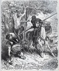 Don Quijote puoltaa nuorta palvelijaa - "Meidät saartavassa auringonpaisteessa en tiedä, kuka estää minua syöttämästä terääni ruumiin läpi" - Miguel Cervantesin (1547) "Don Quijote de la Manchasta" 1616) (Don Quijote) - Puupiirros Gustan piirtämänä