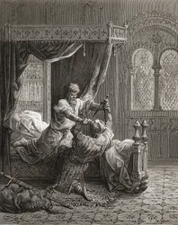 Englannin Edvard I (1239-1307) surmaa murhaa yrittäneen hyökkääjänsä kesäkuussa 1272, kuvitus J-F. Michaud
