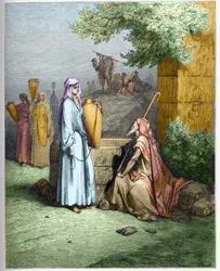 Eliezer ja Rebekka - Eliezer, Abrahamin palvelija, tarjoaa juotavaa vettä Rebekan toimesta - Eliezer ja Rebecca - kaiverrus Gustave Doren (1832-1883) "The Bible illustree" -kaiverrukseen "" Dore Biblesta""