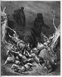 Elisee kiroaa Betelin nuoria - Karhujen tuhoamat Betelin lapset - Elia kiroaa Betelin nuoria - kaiverrus Gustave Doren (1832-1883) "The Bible illustreeen" - Kaiverrus "" Dore Biblesta""