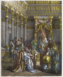 Ester pyörtyy Persian kuninkaan Assuerus I:n (Kserkses I:n) edessä - Kuningatar Ester pyörtyy kuningas Ahasveroksen edessä - kaiverrus Gustave Dorén (1832-1883) teoksessa "Kuvitettu Raamattu" - kaiverrus teoksesta "Dorén Raamattu"