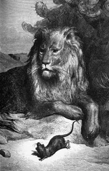 Gustave Dorén satu La Fontainen: Leijona ja rotta. sd. 1800-luvulla.