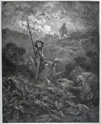 Deguenille-de-la-Malaise-Mine-kaivoksen ensimmäinen ilmestys - Miguel Cervantesin (1547-1616) "Don Quijote de la Mancha" (Don Quijote) - Gustave Doren piirtämän puupiirros