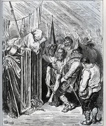 Kuinka päästä eroon Don Quijotesta. Hotellikaupan ihmiset päättivät lukita hänet saamalla hänet uskomaan uuteen lumoukseen ja uuteen ritarilliseen kokeeseen - Miguel Cervantesin (1547-1616) "Don Quijote de la Mancha" (Don Quijote) - Puupiirros piirtämisen 