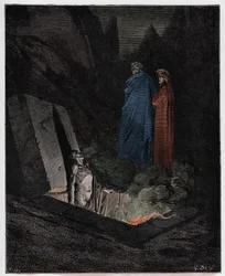 Helvetti, 10. laulu: Farinata degli Uberti puhuttelee Dantea, kuvitus Dante Alighierin teokseen "Jumalainen näytelmä", 1885
