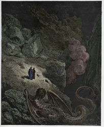 Helvetti, 17. laulu: Geryon, petoksen symboli, kuvitus Dante Alighierin teokseen "Jumalainen näytelmä", 1885