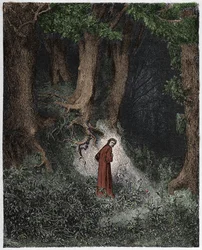 Inferno, Canto 1: Dante villissä metsässä, kuvitus Dante Alighierin jumalallisesta komediasta, 1885
