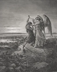 Jaakobin paini enkelin kanssa, Ensimmäinen Mooseksen kirja 32:24-32, kuvitus Dorén teoksesta "Pyhä Raamattu", kaivertanut Laplante, 1866