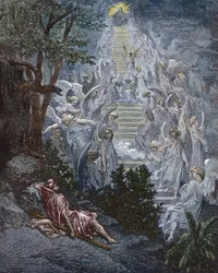 Jaakobin uni (Jaakobintikkaat) - kaiverrus Gustave Dorén (1832-1883) teoksessa "Kuvitettu Raamattu" - kaiverrus teoksesta "Dorén Raamattu"