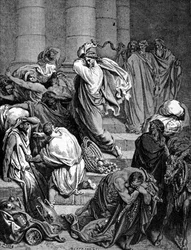 Jeesus Kristus jahtaa temppelin kauppiaita. Kuva Gustave Dorésta.