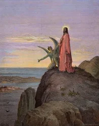 Jeesus autiomaassa paholaisen kiusattavana - Kristuksen kiusaus - Saatana kiusasi Jeesusta - kaivertanut Gustave Doré - myöhempi väritys