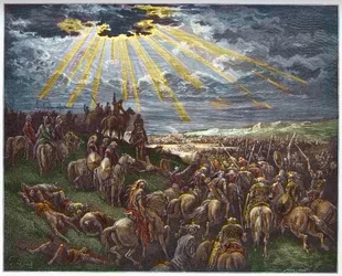 Joshua käskee auringon pysymään paikallaan - Josue arrete le soleil - kaiverrus Gustave Doren (1832-1883) "The Bible illustree" -kirjaan - Kaiverrus "" Dore Biblesta""