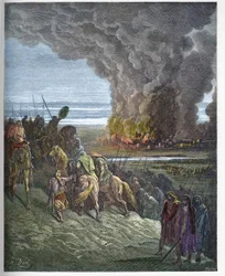 Joshua polttaa Ain kaupungin - Josuen Ain (Hai) kaupungin valloitus (Josue Book to Flames the City of Ai) - kaiverrus Gustave Doren (1832-1883) ""The Bible illustree" -kirjaan - Kaiverrus alkaen ""Doren raamattu""