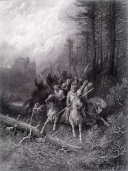 Kuningas Arthur Brocelianden metsässä (Pyöreän pöydän ritarien sykli) - Alfred Tennysonin teoksessa "Viviane", G. Dorén kuvitus.