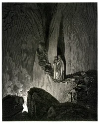 Helvetti (Jumalainen näytelmä), kirjoittanut Dante Alighieri, kuvittanut Gustave Doré. Hachetten vuoden 1861 painos. Pier-Angelo Fiorentinon ranskankielinen käännös. Ja Opas, joka näki minut niin tarkkaavaisena, sanoi: ”Tulissa ovat henget; jokainen
