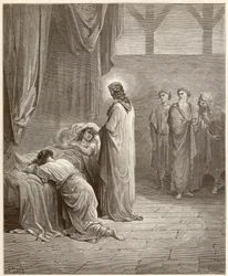 Ihme: Jeesus Kristus paransi Jairoksen tyttären (Jairus tai Jairos). Kaiverrus Gustave Dorén (1832-1883) kuvittamasta Raamatusta