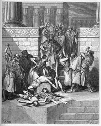 Nebukadnessar käskee kapinallisen Sidkian pojat tappaa - kaiverrus Gustave Doren (1832-1883) "The Bible illustree" -kirjaan - Kaiverrus "" The Dore Bible -kirjasta"""