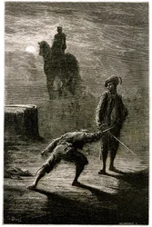 Yöllinen kaksintaistelu kuunvalossa paroni de Sigognacin ja Jacquemin Lampourden välillä pronssikuninkaan ratsastajapatsaan alla. Gustave Doren kaiverrus, joka kuvittaa Theophile Gautier