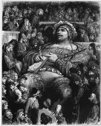 Pantagruel testaa mielensä pariisilaisia tutkijoita vastaan - kuvitus teoksesta "Gargantua ja Pantagruel", kirjoittanut Francois Rabelais - kaiverrus Gustave Doren (1832-1883)