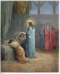 Jairoksen tyttären herättäminen kuolleista (Jeesus herättää Jairoksen tyttären) - kaiverrus Gustave Dorén (1832-1883) teoksesta "Kuvitettu Raamattu" - kaiverrus teoksesta "Dorén Raamattu"