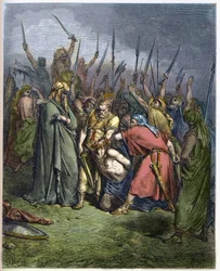Samuel surmaa Agagin - Profeetta Samuel mestaa amalekilaisten kuninkaan Agagin - kaiverrus Gustave Dorén (1832-1883) teoksessa "Kuvitettu Raamattu" - kaiverrus "Dorén Raamatusta"