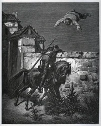 Sancho Panza tulee huijatuksi, eikä Don Quijote voi puuttua asiaan - Miguel Cervantesin (1547-1616) "Don Quijote de la Mancha" (Don Quijote) - Gustave Doren piirtämän puupiirros