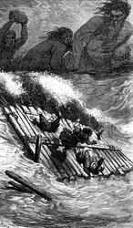Sindbad the sailor (Sinbad) - tarina tuhannesta ja yhdestä (1001) yöstä - Gustave Doren kuvitus - Maxwellin painos 1865 - Kolmas matka: Sindbad ja hänen seuralaisensa lähtevät lauttaan, ja jättiläiset jahtaavat heitä ja heittelevät heitä valtavilla kivillä