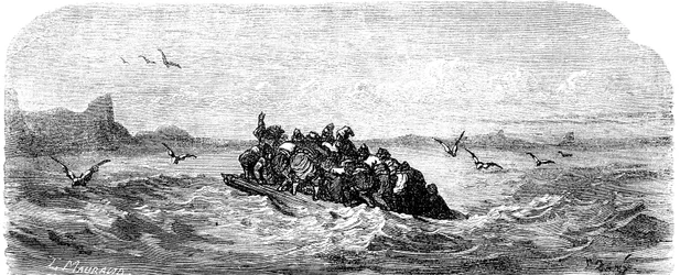 Sindbad the sailor (Sinbad) - tarina tuhannesta ja yhdestä (1001) yöstä - kuvitus Gustave Dore - painos Maxwell 1865 - Kolmas matka: Sindbad ja hänen seuralaisensa purjehtivat lautalla.