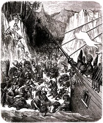 Sindbad the sailor (Sinbad) - tarina tuhannesta ja yhdestä (1001) yöstä - Gustave Doren kuvitus - Kolmas matka: myrsky heittää Sindbadin ja hänen seuralaisensa laivan saarelle, jossa heitä vastaan hyökkää joukko pieniä ja kammottavia olentoja.