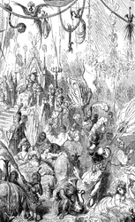 Sindbad the sailor (Sinbad) - tarina tuhannesta ja yhdestä (1001) yöstä - Gustave Doren kuvitus - Maxwellin painos 1865 - kuudes matka - tämä kaiverrus voi esittää Serendibin kuninkaan hovia tai kalifi Haroun al-Rashidin (Harun al-Rashid) hovia.