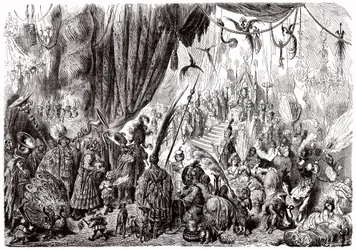 Sindbad the sailor (Sinbad) - tarina tuhannesta ja yhdestä (1001) yöstä - Gustave Doren kuvitus - Maxwellin painos 1865 - Kuudes matka: Serendibin kuninkaan hovi
