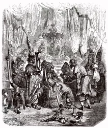 Sindbad the sailor (Sindbad) - tarina tuhannesta ja yhdestä (1001) yöstä - Gustave Doren kuvitus - Maxwellin painos 1865 - Prologi: köyhä kantaja (Hinbad) ilmestyy Sindbadin eteen, joka on tullut vanhaksi ja rikkaaksi. Jälkimmäinen kertoo seikkailustaan