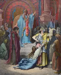 Salomon tuomio - Salomo määrää vauvan jaettavaksi kahden sitä vaativan naisen kesken - Gustave Dorén (1832 - 1883) kaiverrus - myöhempi väritys