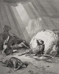 Pyhän Paavalin kääntymys, Apostolien teot 9:1-6, kuvitus Dorén teoksesta "Pyhä Raamattu", kaivertanut Ligny, 1866