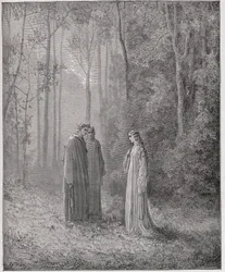 Jumalallinen komedia (La Divina Comedia, La Divine Comedie), Purgatorio, Canto 5: Dante puhuu Pia de Tolomein (Tolommei) kanssa - Dante Alighieri (1265-1321) - Kuvitus Gustave Dore (1832-1883)