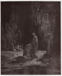 Jumalallinen komedia (La Divina Comedia, La Divine Comedie), Purgatorio, Canto 7: Runoilija Sordello hämmästynyt polvistuu Vergiliuksen eteen - Dante Alighieri (1265-1321) - Kuvitus Gustave Dore (1832-1883)