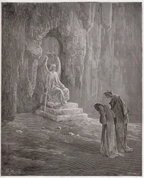 Jumalainen näytelmä (La Divina Comedia, La Divine Comédie), Kiirastuli, 9. laulu: Dante ja Vergilius kiirastulen porteilla - Dante Alighierin (1265-1321) teoksesta - kuvitus Gustave Doré (1832-1883)