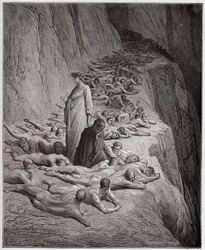 Jumalainen näytelmä, Kiirastuli, laulu 19: Ahneiden sielut: Hadrianus V puhuu Dantelle - Dante Alighieri (1265-1321) - kuvitus Gustave Doré (1832-1883)