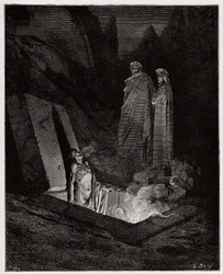 Jumalainen näytelmä (La Divina Commedia), Helvetti, 10. laulu: Farinata degli Uberti puhuttelee Dantea - Dante Alighierin (1265-1321) teos - Gustave Dorén (1832-1883) kuvitus