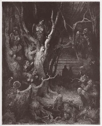 Jumalainen näytelmä (La Divina Commedia, La Divine Comédie), Helvetti, 13. laulu: Harpyijat itsemurhan tehneiden metsässä - Dante Alighieri (1265-1321) - kuvitus Gustave Doré (1832-1883)
