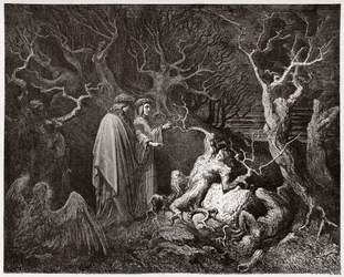 Jumalainen näytelmä (La Divina Commedia, La Divine Comédie), Helvetti, 13. laulu: itsemurhan tehneet metsässä - Dante Alighieri (1265-1321) - kuvitus Gustave Doré (1832-1883)