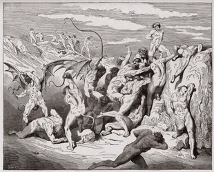 Jumalainen näytelmä (La Divina Commedia, La Divine Comédie), Helvetti, 18. laulu: Paholaiset ja viettelijät - Dante Alighierin (1265-1321) teos - Gustave Dorén (1832-1883) kuvitus