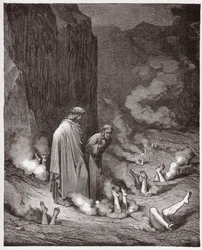 Jumalainen näytelmä (La Divina Commedia, La Divine Comédie), Helvetti, 19. laulu: Dante nuhtelee paavi Nikolaus III:ta neljännessä bolgiassa - Dante Alighierin (1265-1321) teoksesta - kuvitus Gustave Doré (1832-1883)