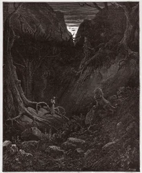 Jumalainen näytelmä (La Divina Commedia, La Divine Comédie), Helvetti, 1. laulu: Leijona kohtaa Danten äkisti - Dante Alighierin (1265-1321) teoksesta - Gustave Dorén (1832-1883) kuvitus