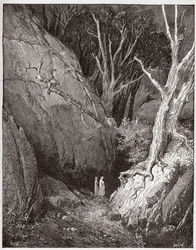 Jumalallinen komedia (La Divina Commedia, La Divine Comedie), Inferno, Canto 1: Vergilius ja Dante aloittavat matkansa - Dante Alighieri (1265-1321) - Kuvitus Gustave Doresta (1832-1883)