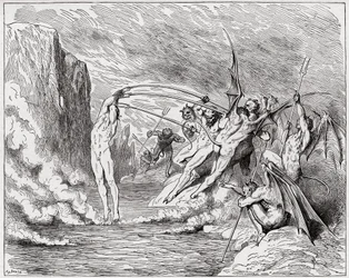 Jumalallinen komedia (La Divina Commedia, La Divine Comedie), Inferno, Canto 21: Paholaiset piinaavat barratoreita - Dante Alighieri (1265-1321) - Kuvitus Gustave Dore (1832-1883)