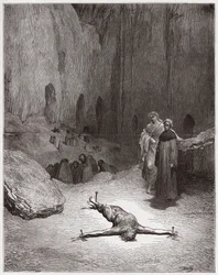 Jumalallinen komedia (La Divina Commedia, La Divine Comedie), Inferno, Canto 23: Ristiinnaulittu fariseus tekopyhien joukossa - Dante Alighieri (1265-1321) - Gustave Doren (1832-1883) kuvitus
