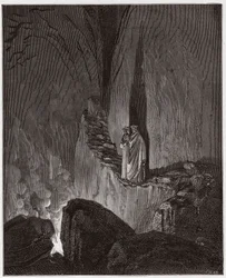 Jumalainen näytelmä (La Divina Commedia, La Divine Comédie), Helvetti, 26. laulu: Odysseuksen ja Diomedeen liekehtivät henget - Dante Alighieri (1265-1321) - Gustave Dorén kuvitus (1832-1883)