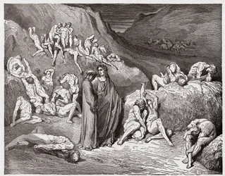 Jumalainen näytelmä (La Divina Commedia, La Divine Comédie), Helvetti, 29. laulu: kutinan piinaamat väärentäjät ja petkuttajat - Dante Alighieri (1265-1321) - kuvitus Gustave Doré (1832-1883)